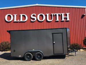 Quality Cargo 7x16 Charcoal Gray enclosed trailer with Black-Out trim, 7-foot interior, rear spoiler lights and ramp door